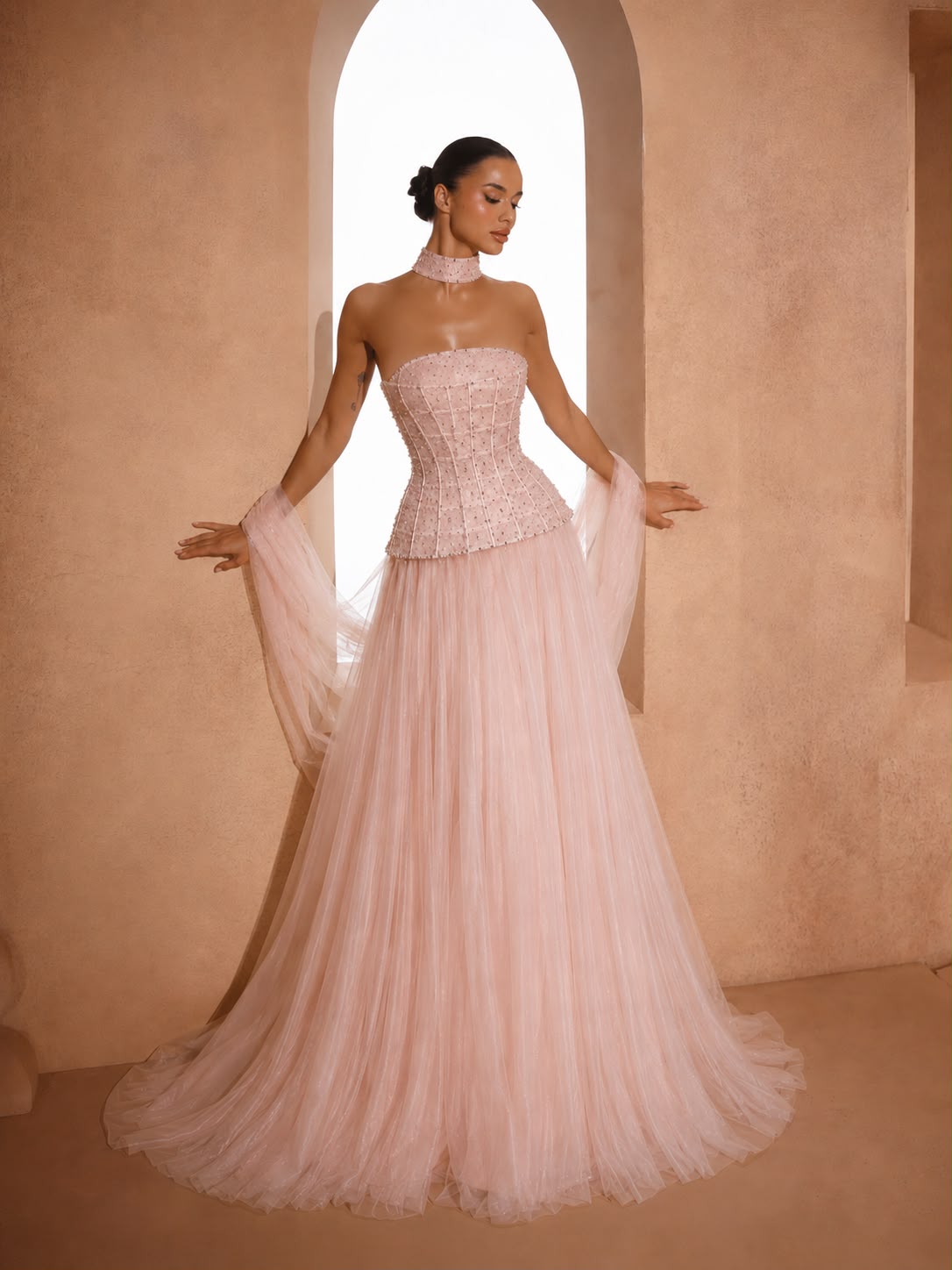 Blush Pink Corset Gown Dubai with strapless beaded bodice and flowing layered skirt