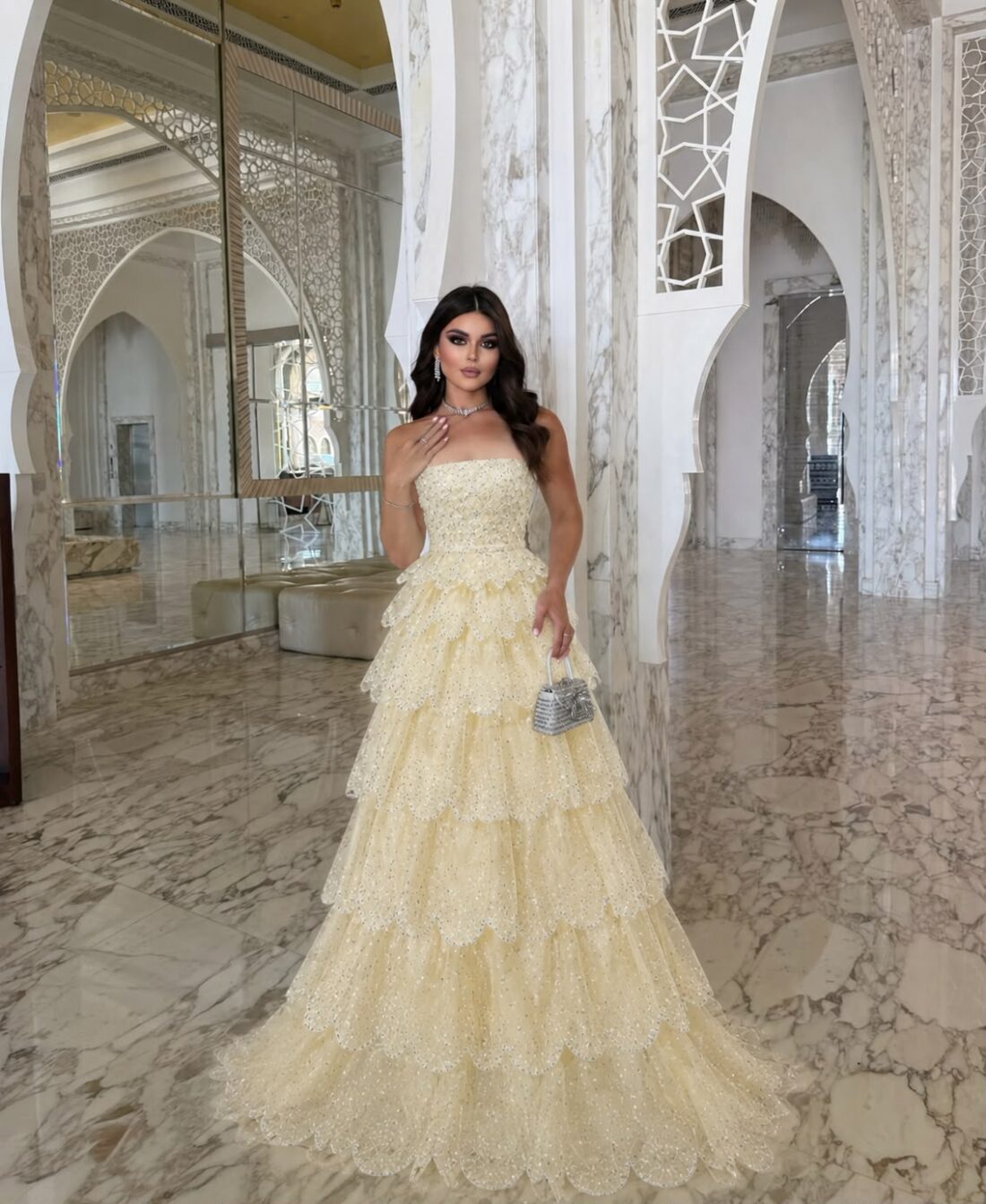 Butter Yellow Tiered Dress Dubai with strapless bodice scalloped layers and full skirt