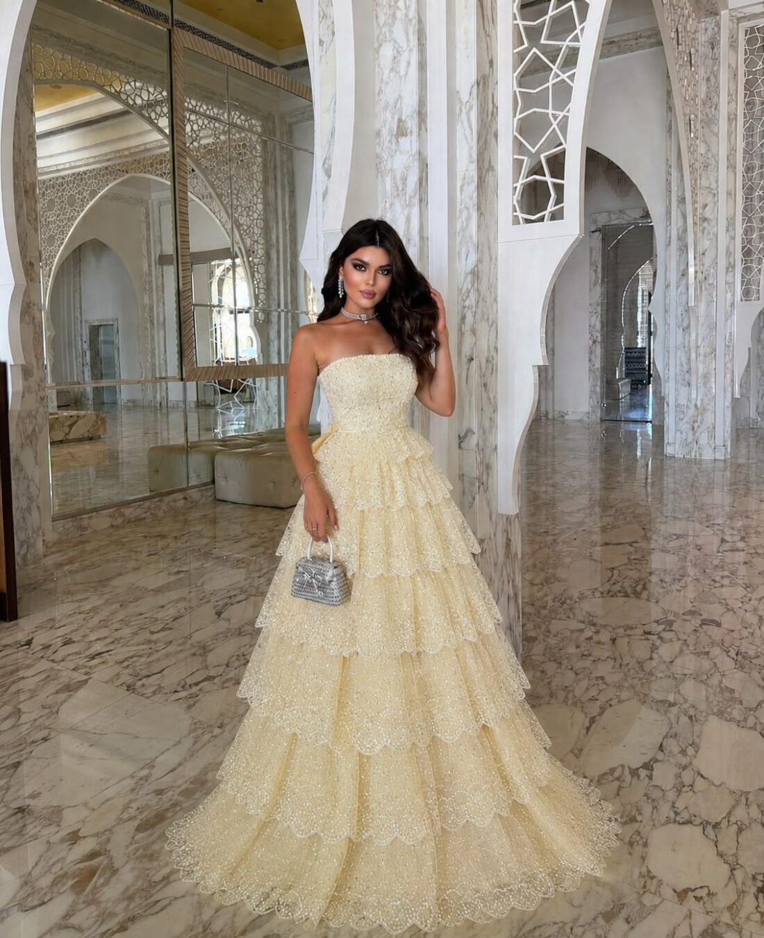 Butter Yellow Tiered Dress Dubai with strapless bodice scalloped layers and full skirt