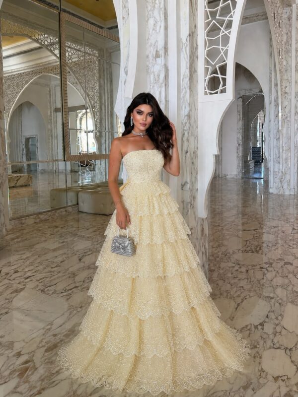 Butter Yellow Tiered Dress Dubai with strapless bodice scalloped layers and full skirt
