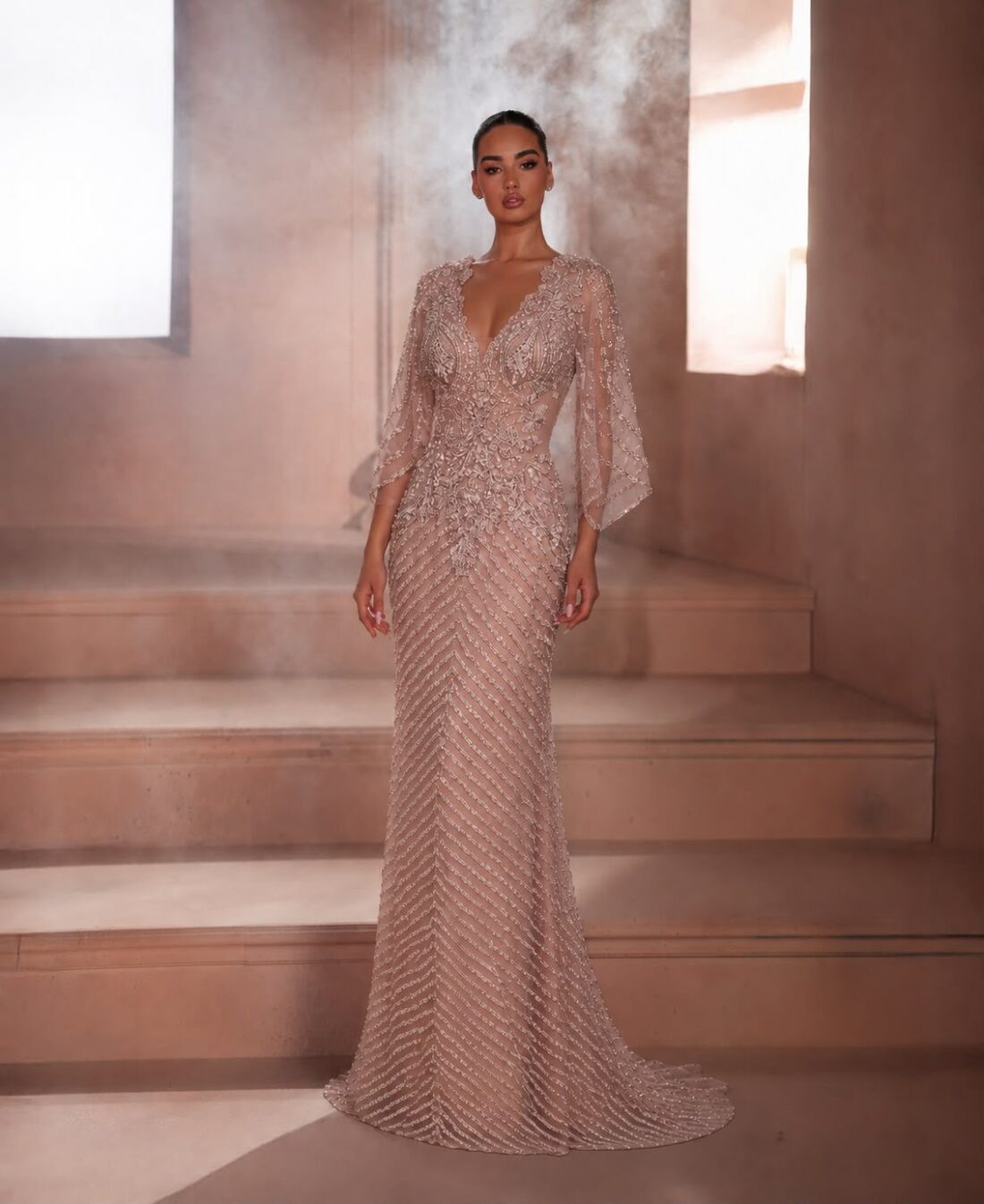Dusty Rose Beaded Sleeve Dress Dubai