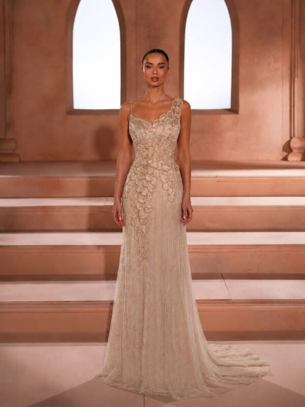 Champagne Asymmetric Dress Dubai with applique detail fitted silhouette and soft train