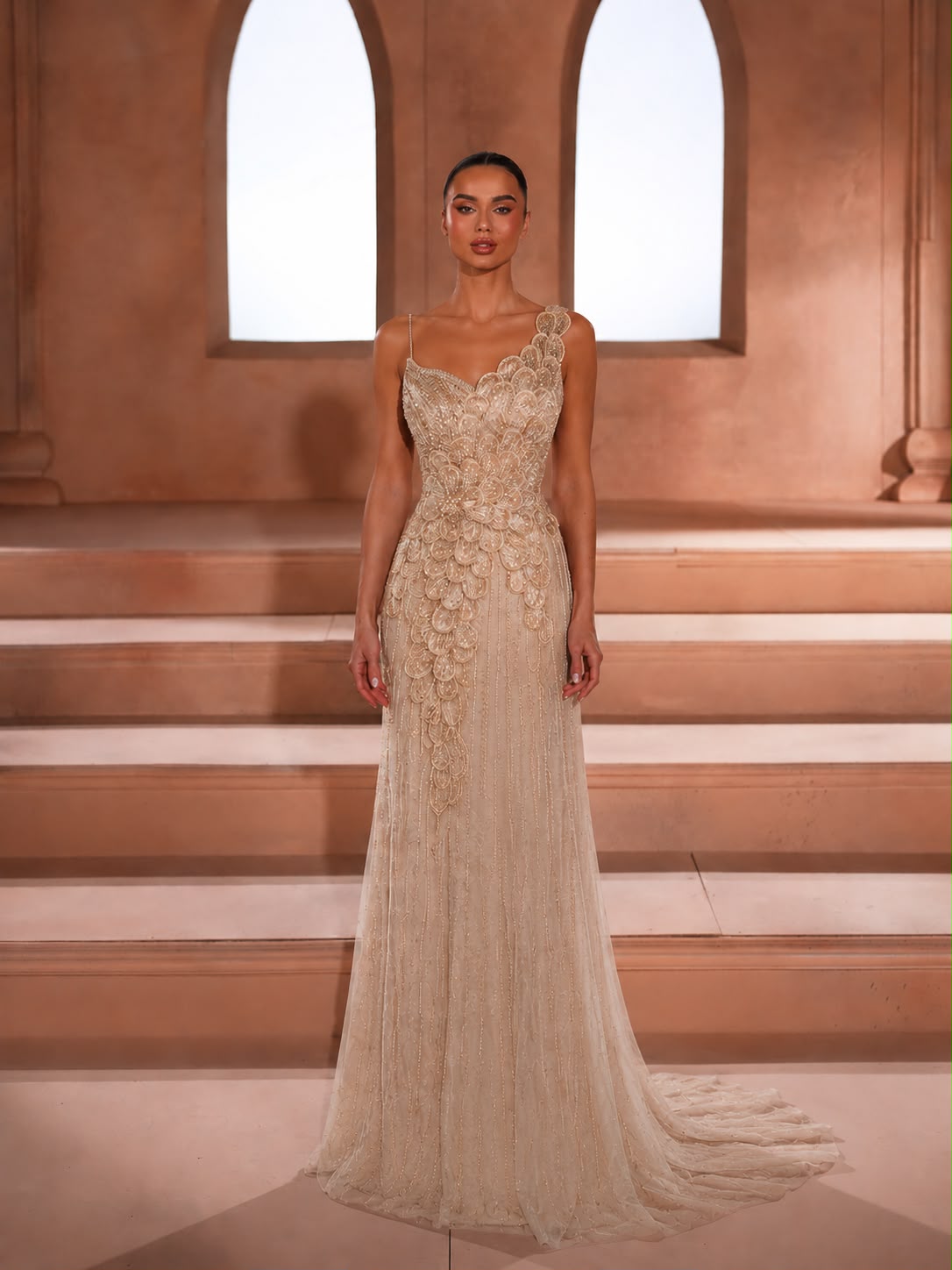 Champagne Asymmetric Dress Dubai with applique detail fitted silhouette and soft train