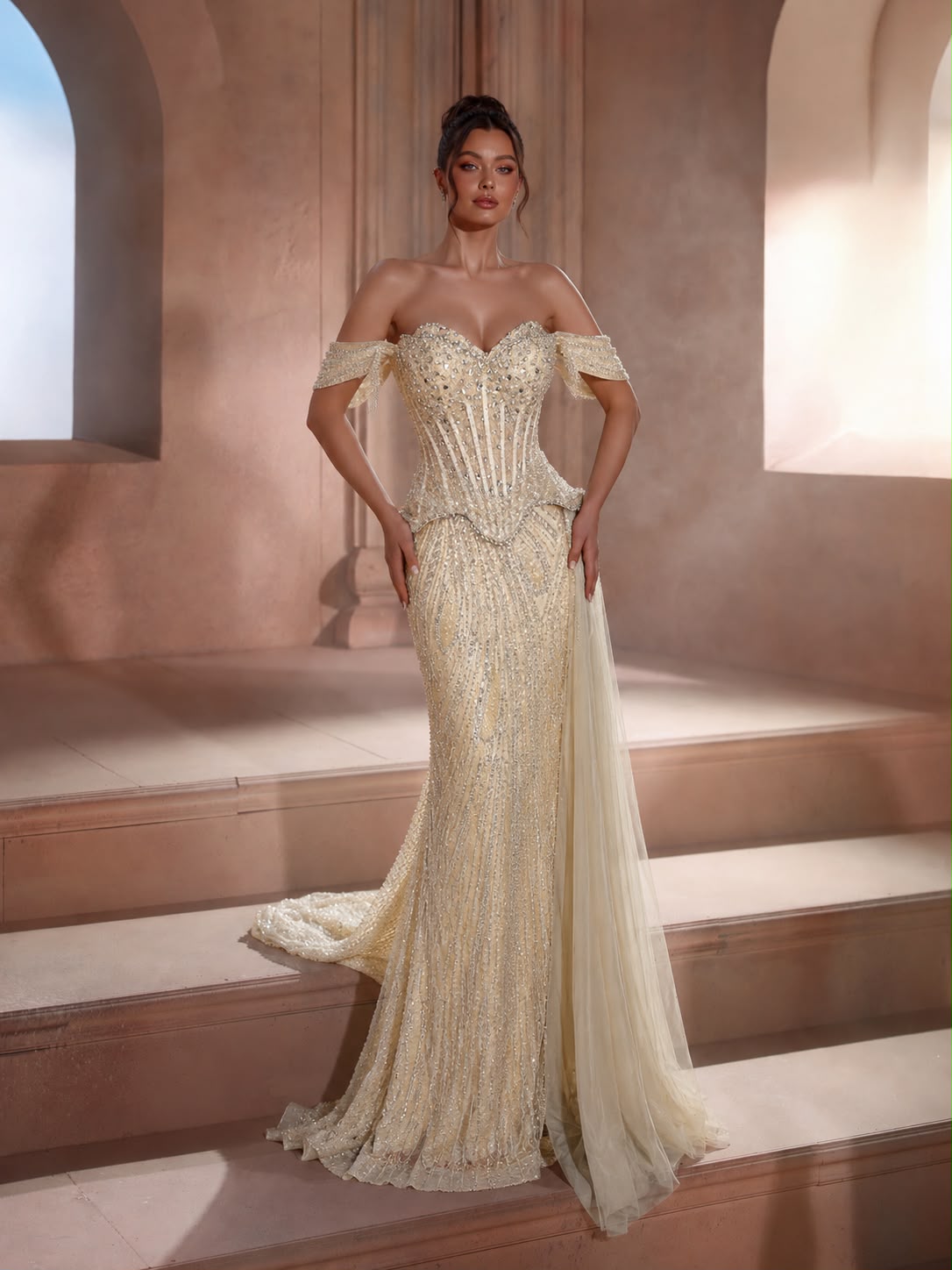 Champagne Beaded Corset Gown Dubai with off shoulder sleeves and fitted silhouette