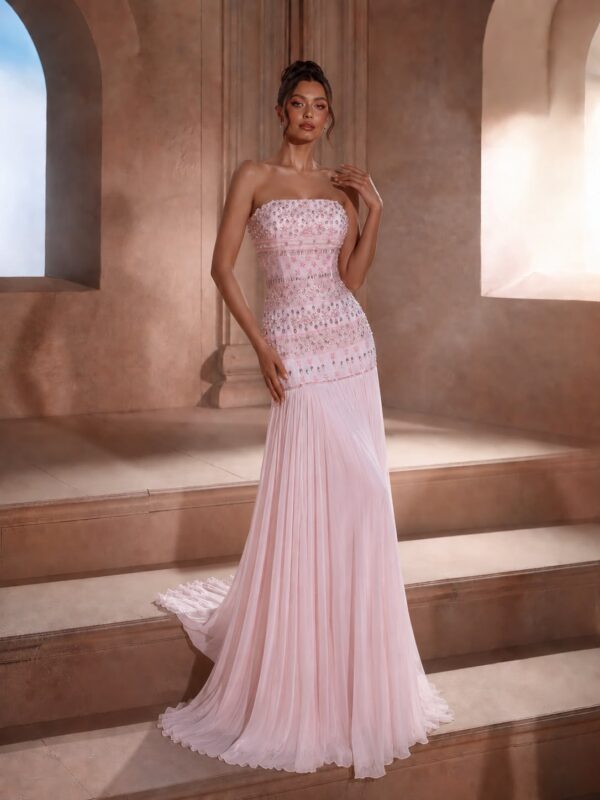 Light Pink Crystal Pleated Dress Dubai with strapless embellished bodice and flowing pleated skirt