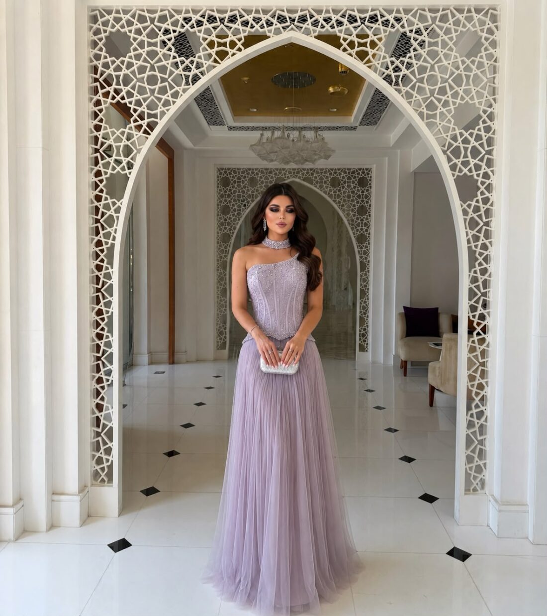 Lilac Choker Dress Dubai with embellished bodice asymmetrical neckline and flowing skirt