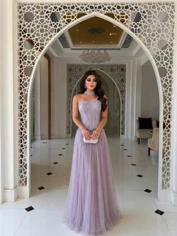 Lilac Choker Dress Dubai with embellished bodice asymmetrical neckline and flowing skirt