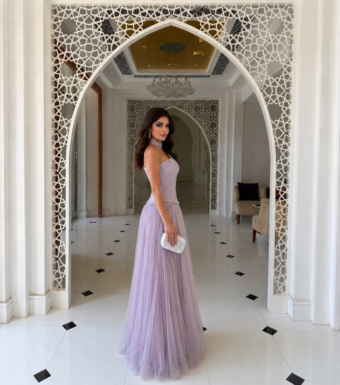 Lilac Choker Dress Dubai with embellished bodice asymmetrical neckline and flowing skirt