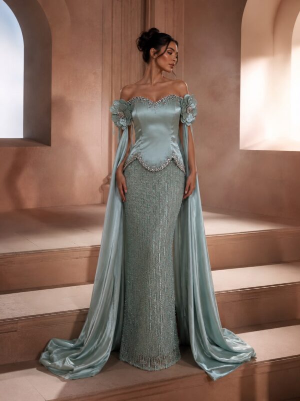 Mint Green Cape Dress Dubai with beaded corset bodice and flowing cape panels