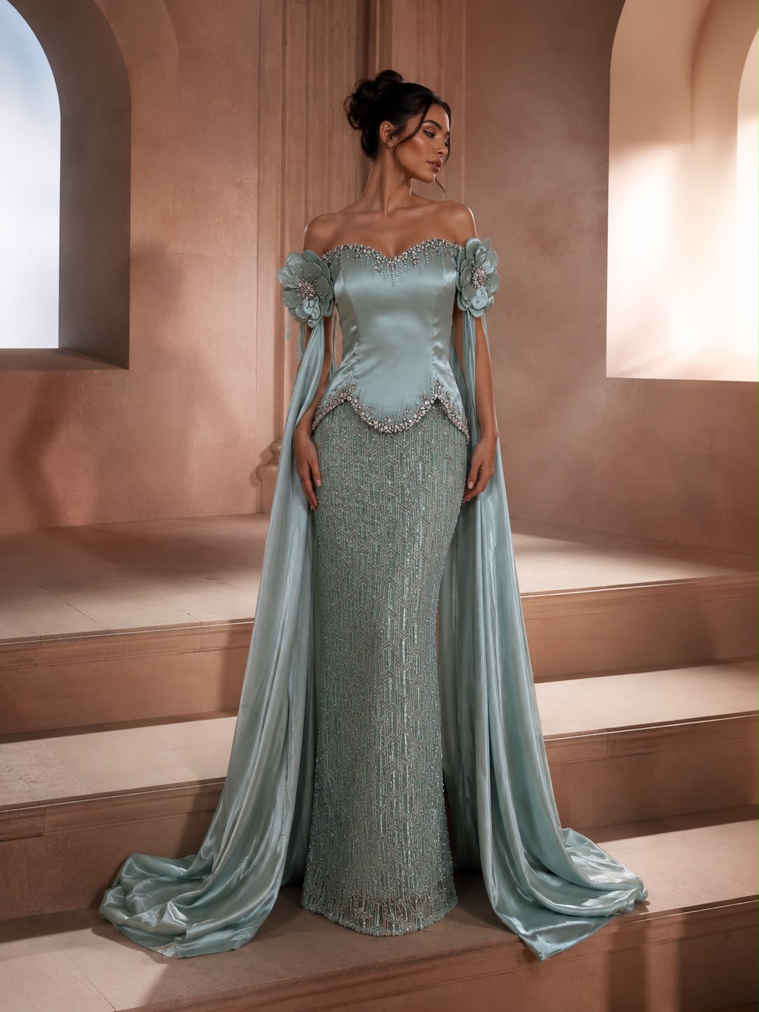 Mint Green Cape Dress Dubai with beaded corset bodice and flowing cape panels