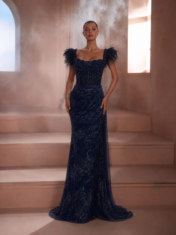 Navy Feather Shoulder Dress Dubai with beaded bodice feather accents and fitted skirt