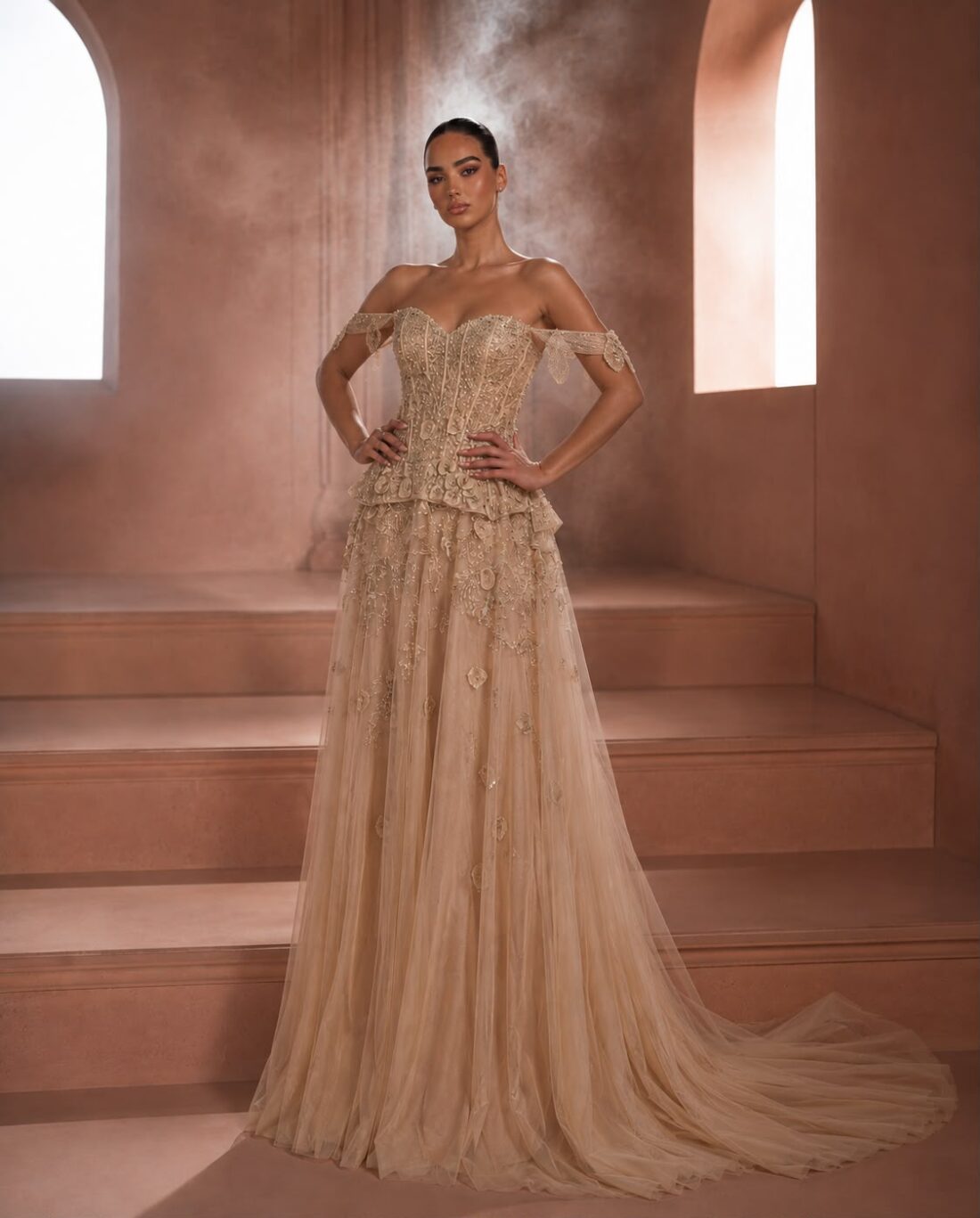 Nude Off Shoulder Corset Dress Dubai with structured bodice layered skirt and soft train