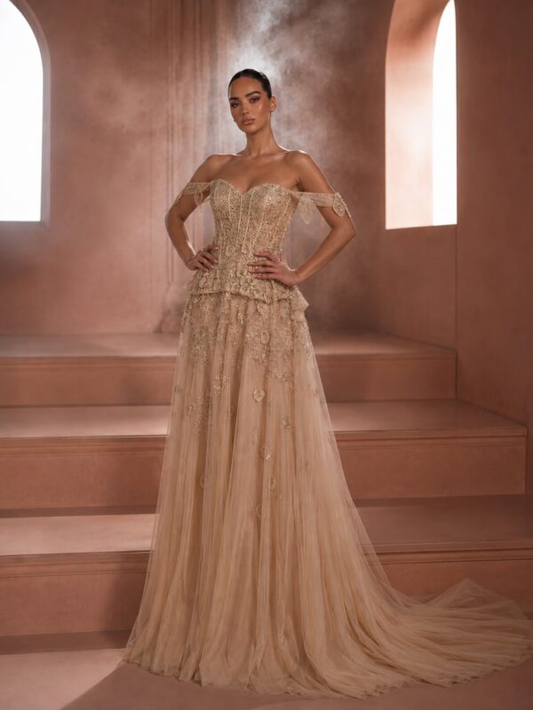 Nude Off Shoulder Corset Dress Dubai with structured bodice layered skirt and soft train