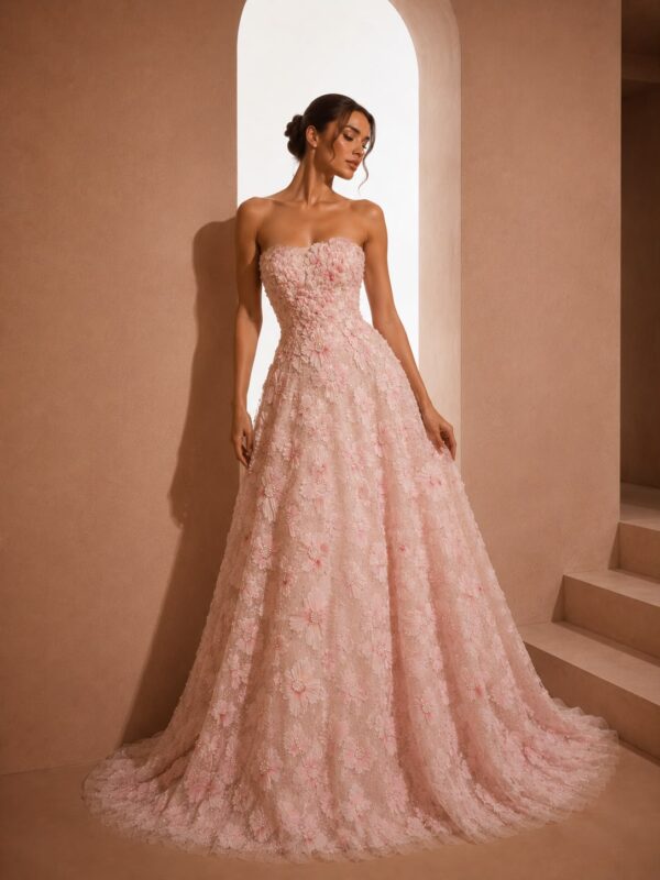 Light Pink Crystal Pleated Dress Dubai with strapless embellished bodice and flowing pleated skirt