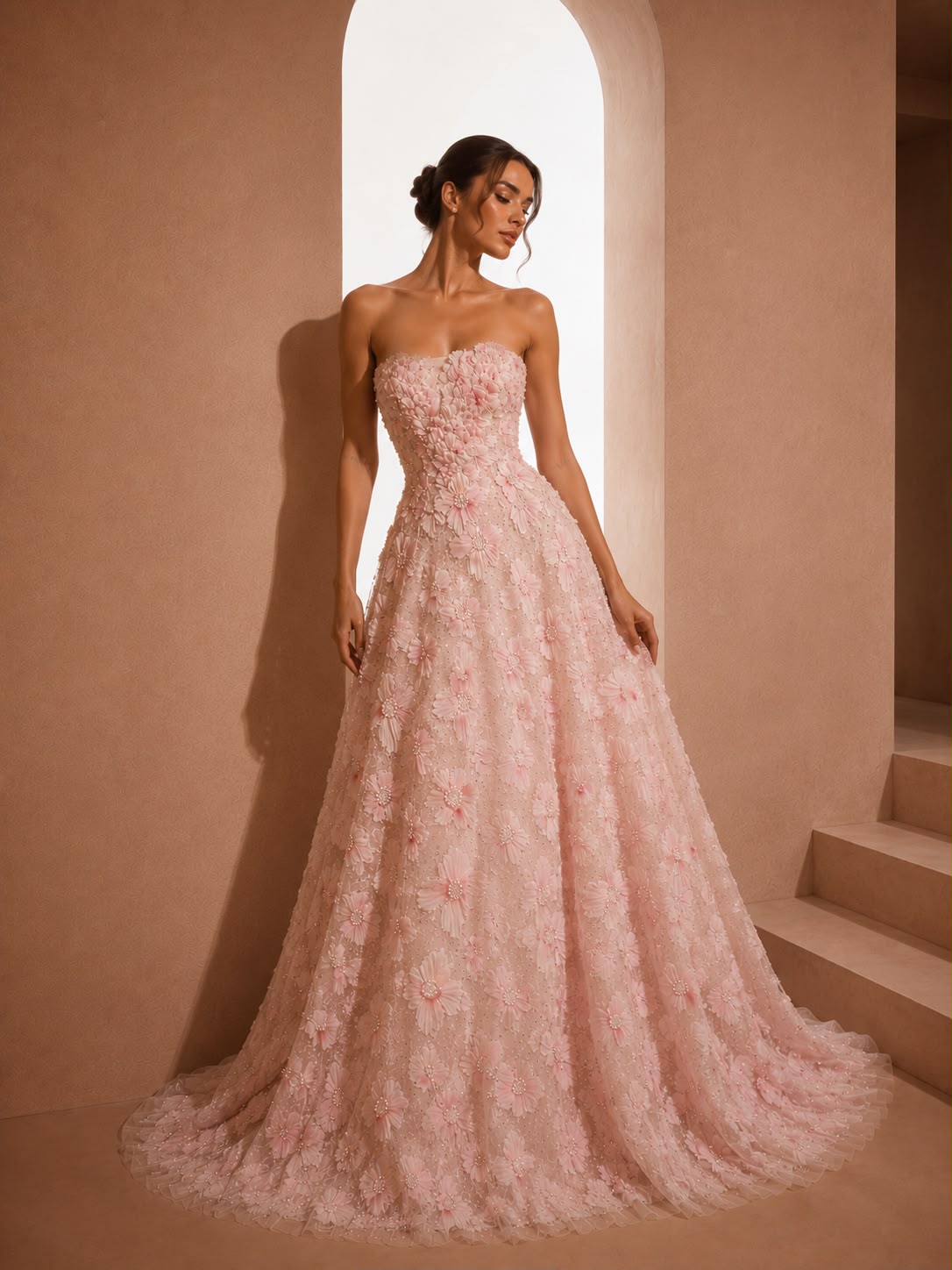 Light Pink Crystal Pleated Dress Dubai with strapless embellished bodice and flowing pleated skirt