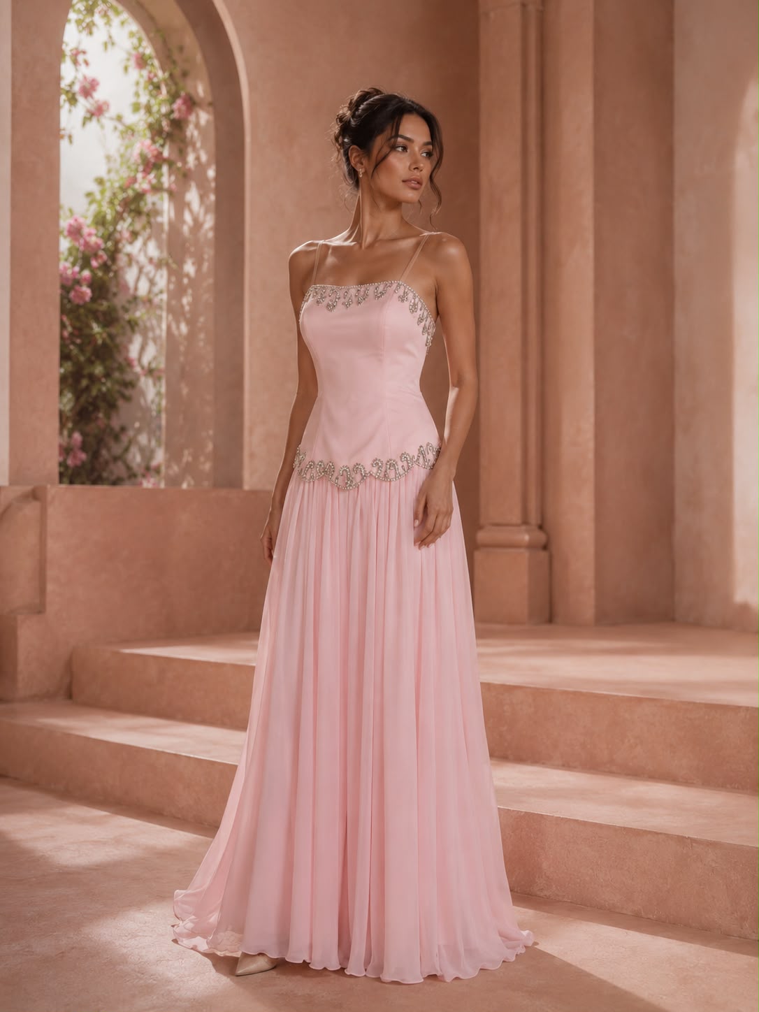 Pink Beaded Dress Dubai with delicate straps fitted bodice and flowing skirt
