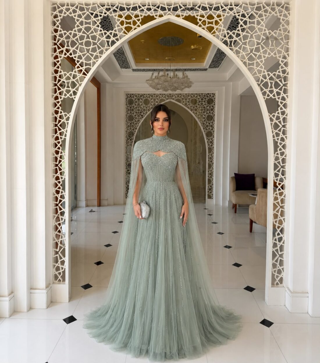 Sage Green High Neck Cape Dress Dubai with beaded cape overlay and flowing skirt