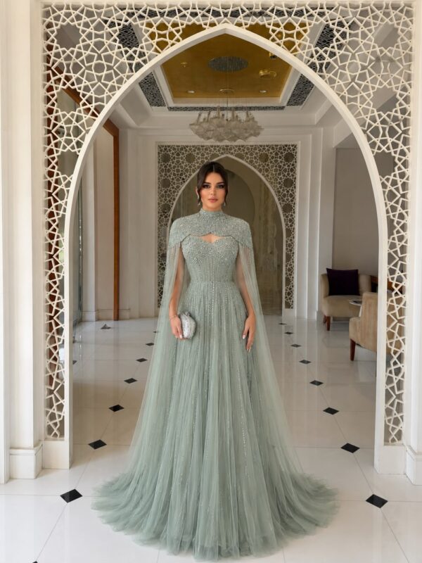 Sage Green High Neck Cape Dress Dubai with beaded cape overlay and flowing skirt