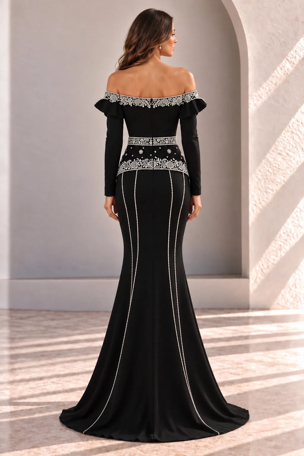 Black Long Sleeve Evening Gown with Silver Beading, back view