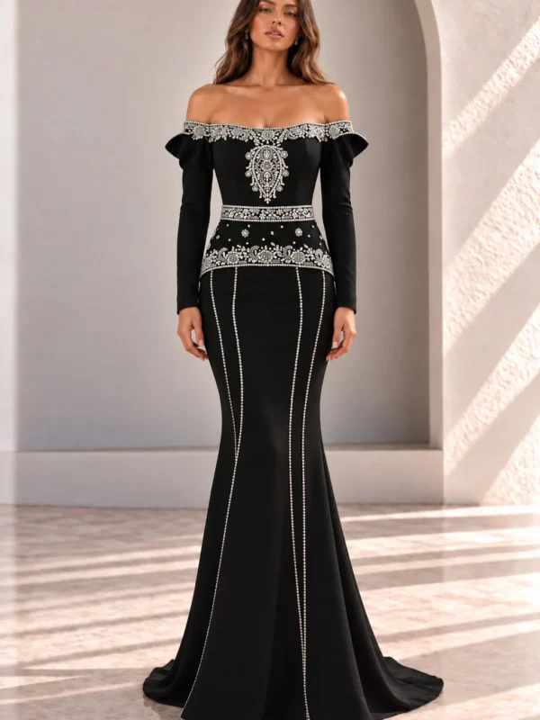 Black Long Sleeve Evening Gown with Silver Beading, front view