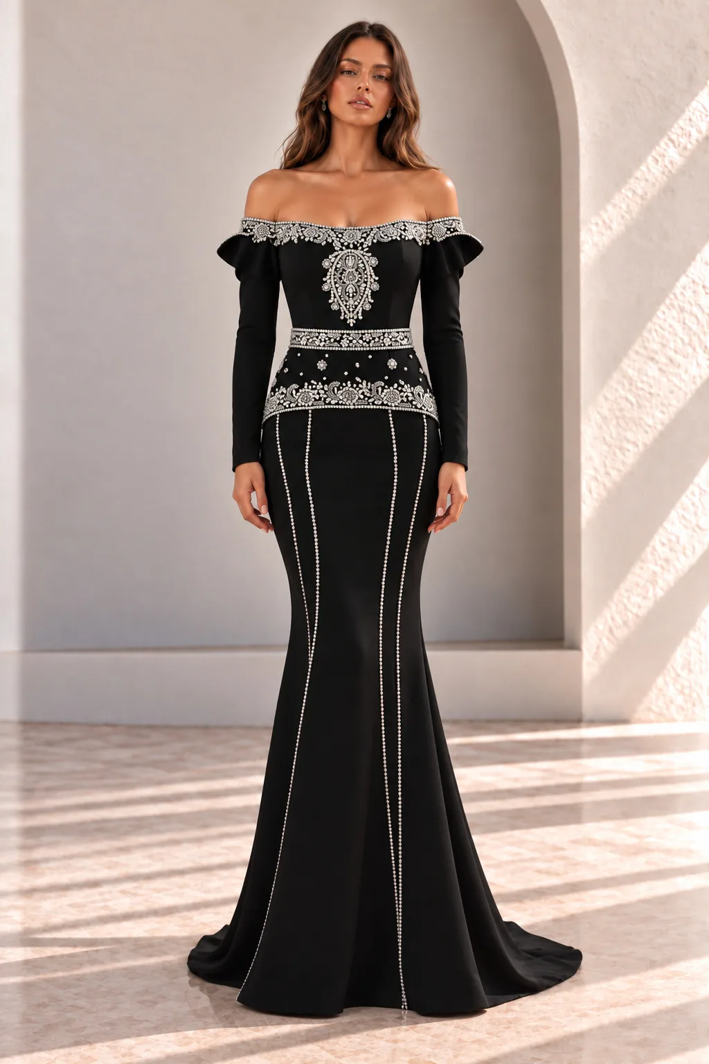 Black Long Sleeve Evening Gown with Silver Beading, front view