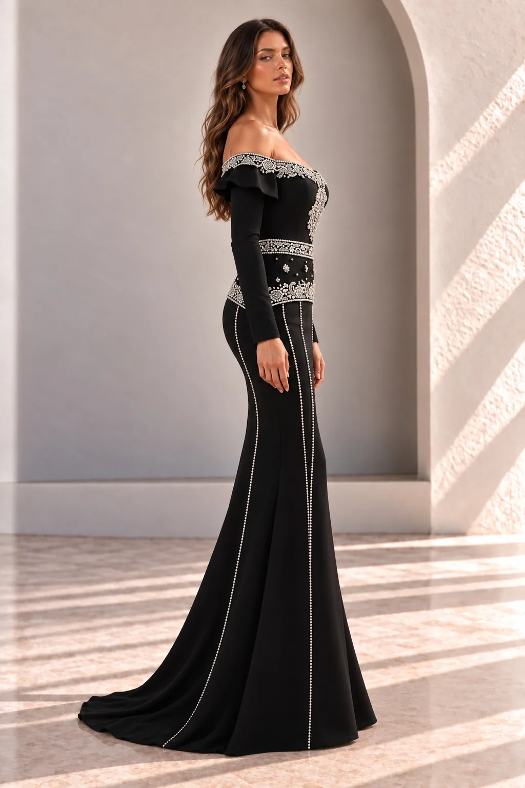 Black Long Sleeve Evening Gown with Silver Beading, side view
