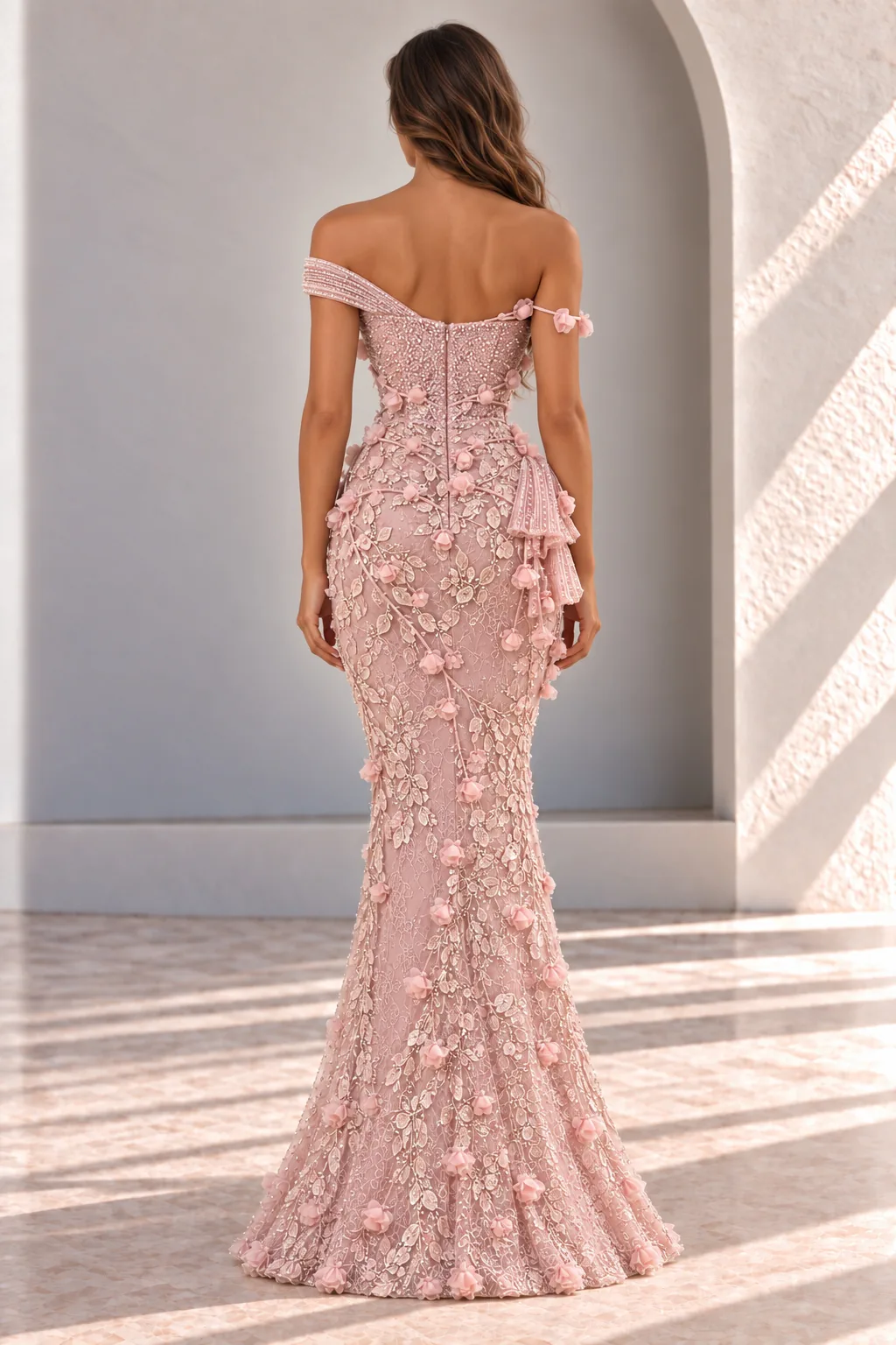 Pink 3D Floral Off Shoulder Evening Gown, back view