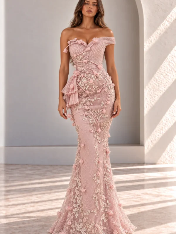 Pink 3D Floral Off Shoulder Evening Gown, front view