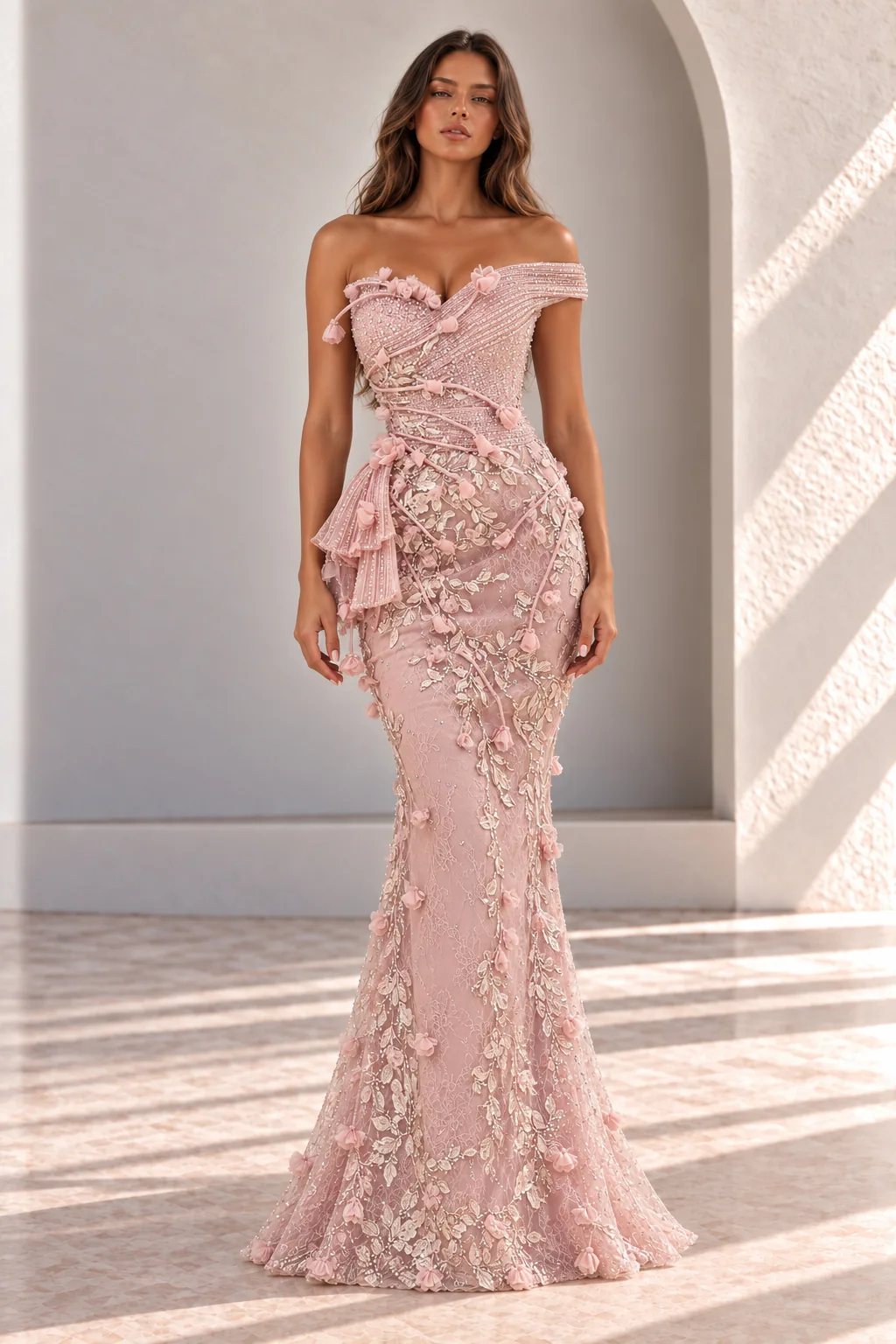Pink 3D Floral Off Shoulder Evening Gown, front view