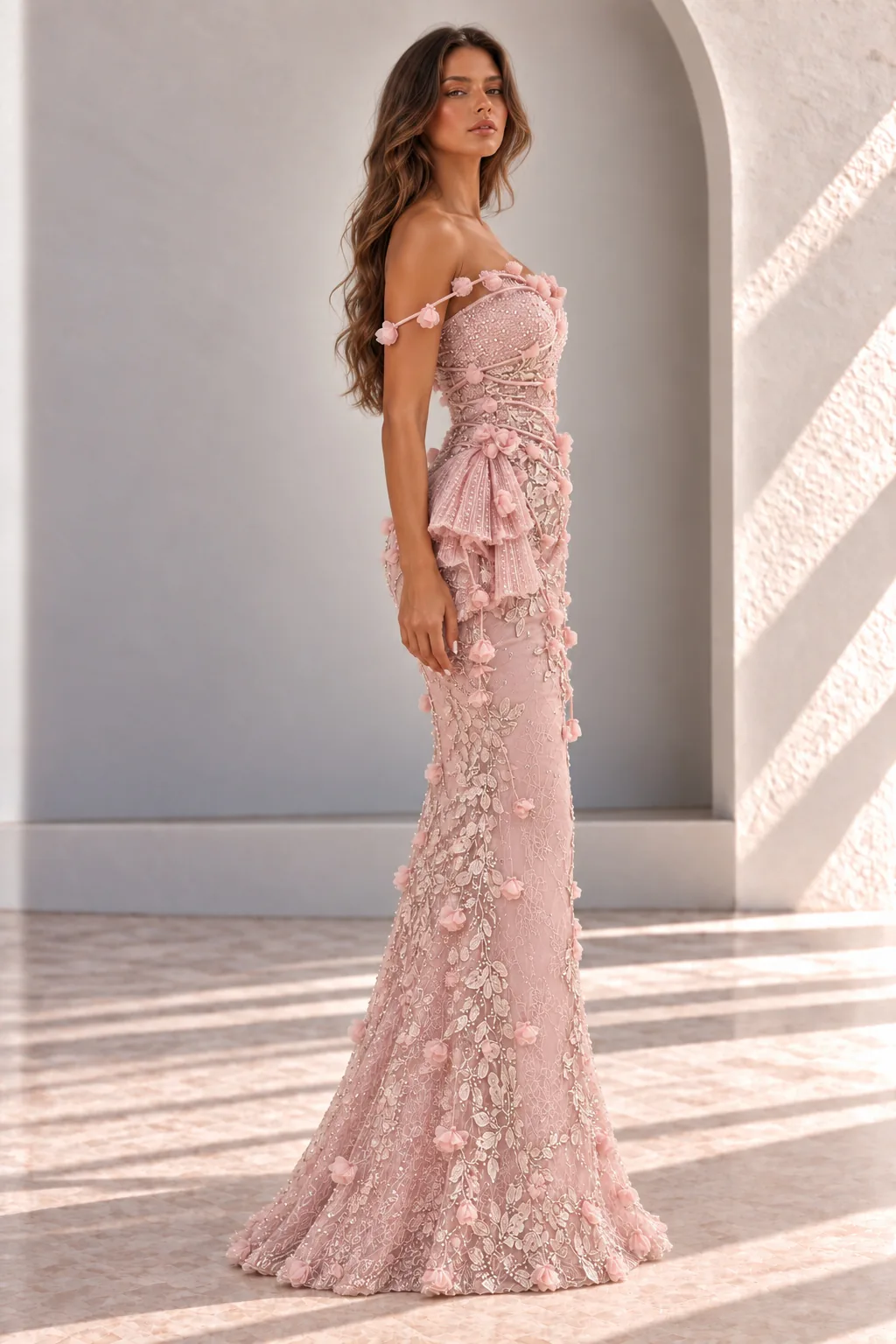 Pink 3D Floral Off Shoulder Evening Gown, side view