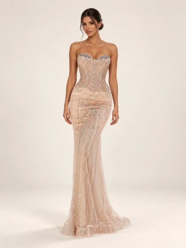 Blush crystal embellished sweetheart corset gown, full-length front view