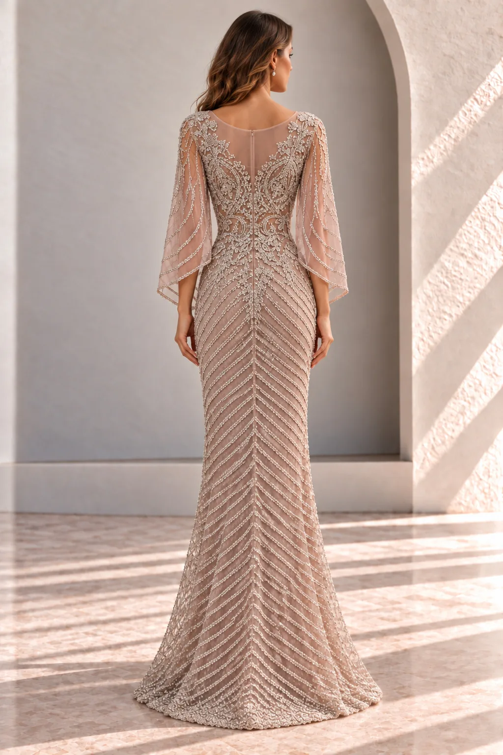 Blush Pink Beaded Evening Gown with Cape Sleeves, back view