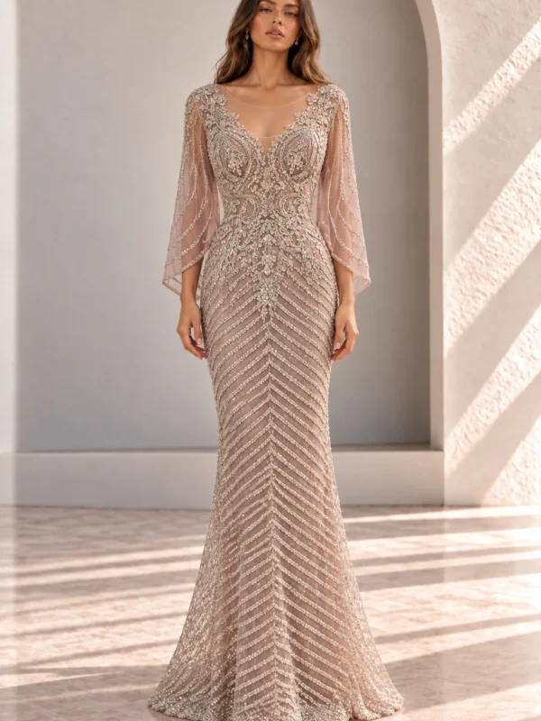 Blush Pink Beaded Evening Gown with Cape Sleeves, front view