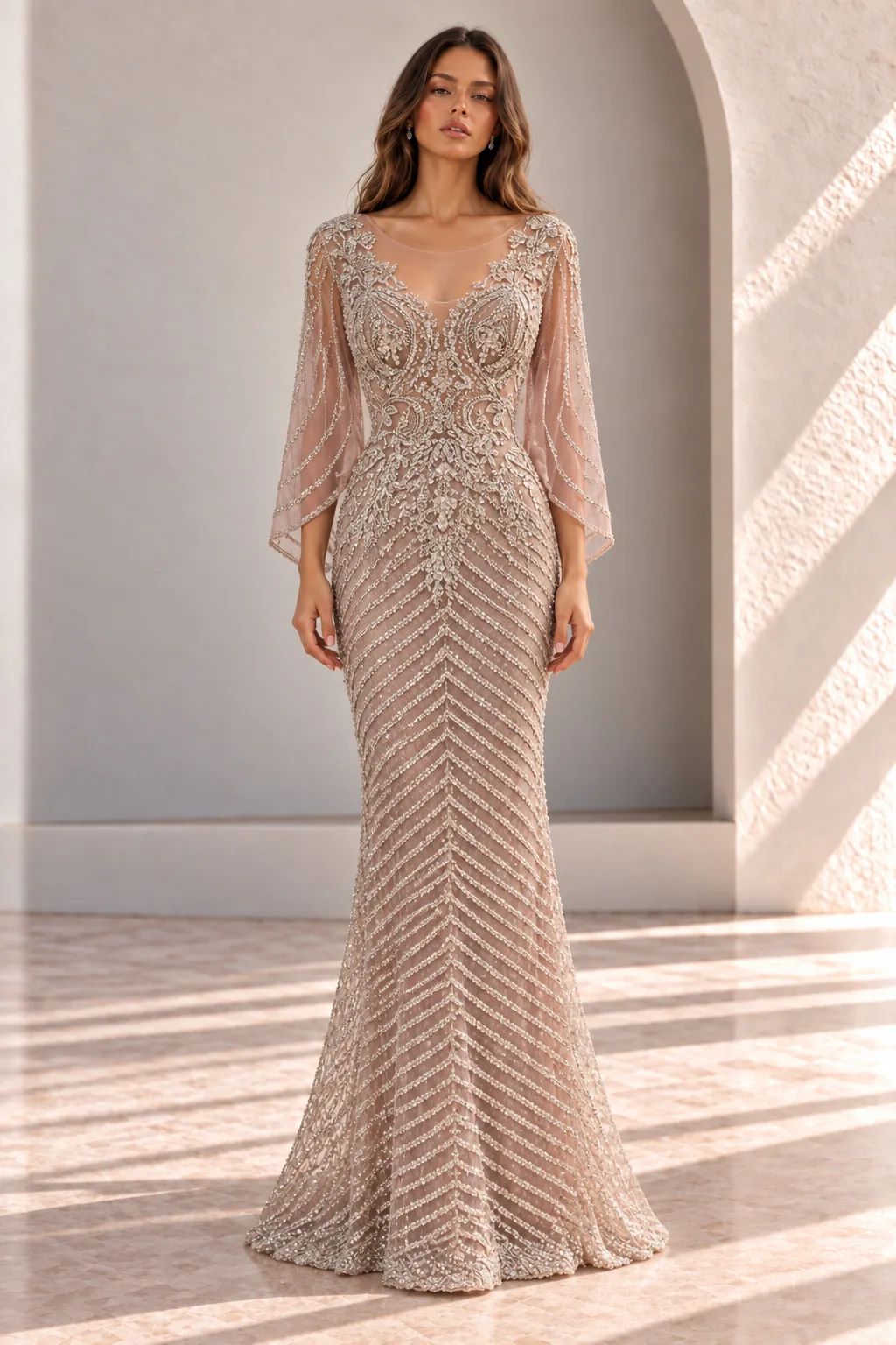 Blush Pink Beaded Evening Gown with Cape Sleeves, front view