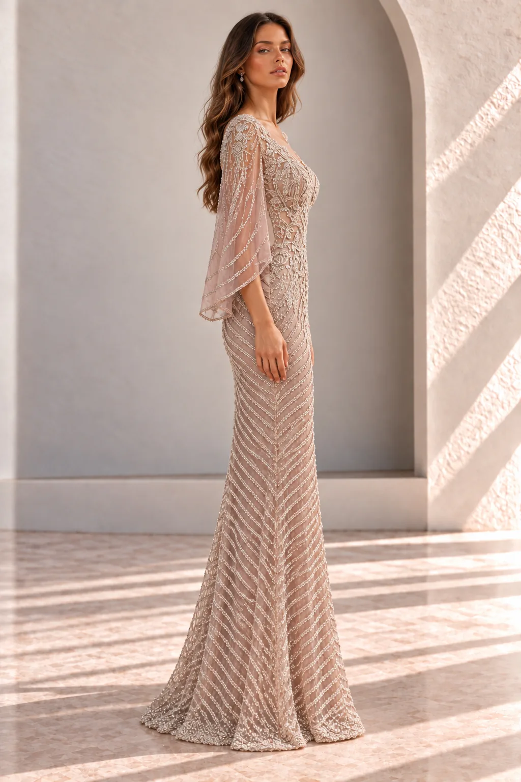 Blush Pink Beaded Evening Gown with Cape Sleeves, side view