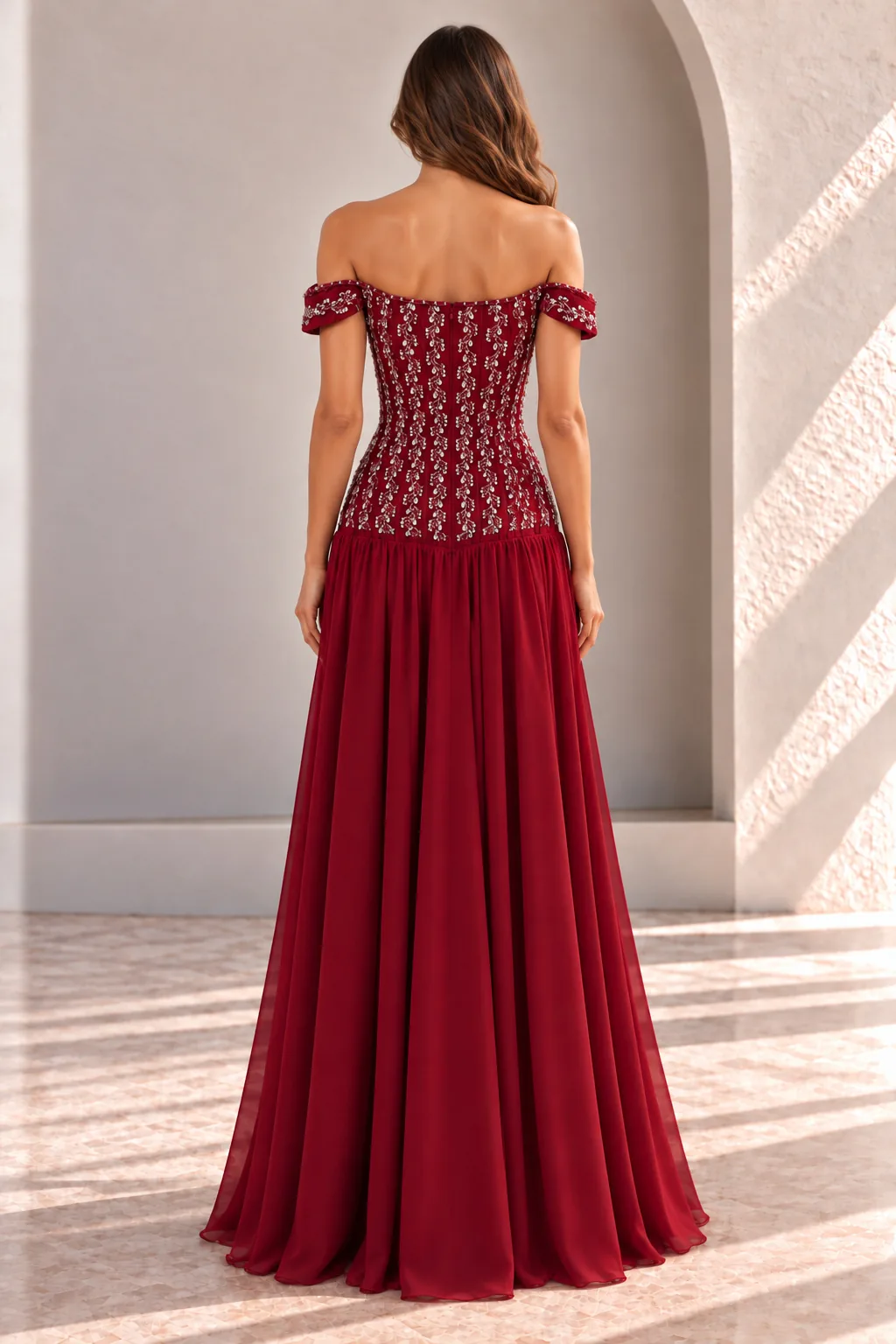 Burgundy Red Off Shoulder Evening Gown with Crystal Bodice, back view