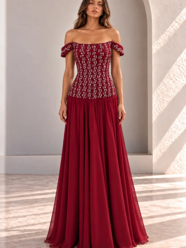 Burgundy Red Off Shoulder Evening Gown with Crystal Bodice, front view