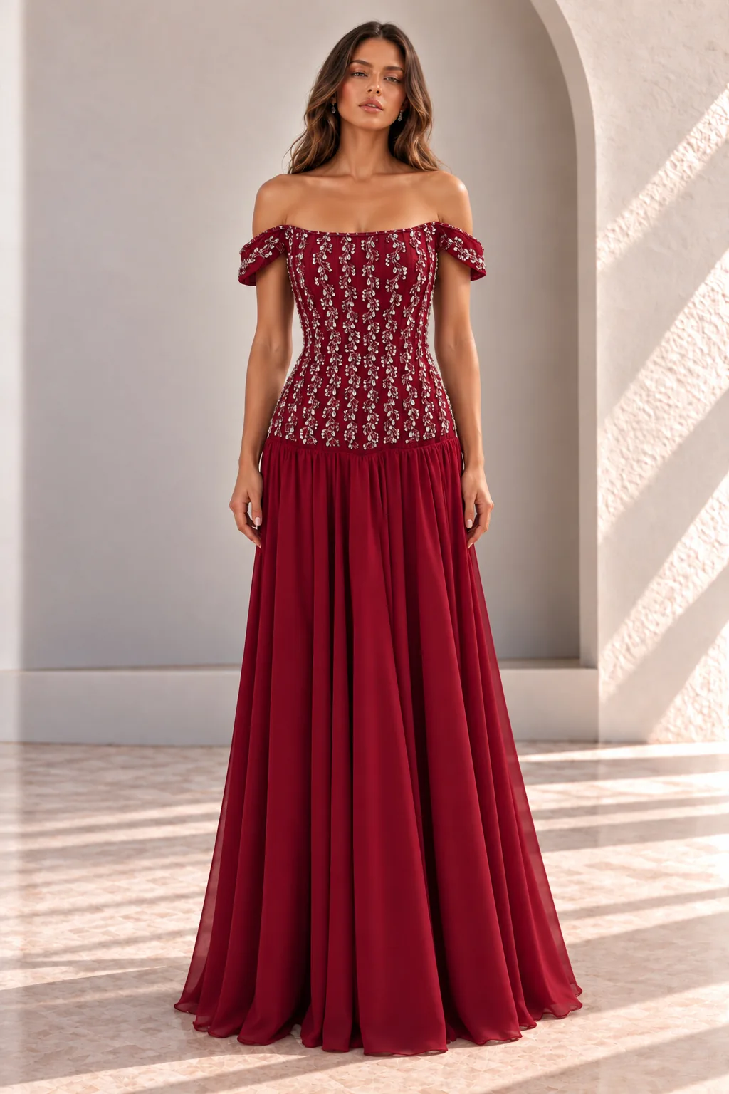 Burgundy Red Off Shoulder Evening Gown with Crystal Bodice, front view