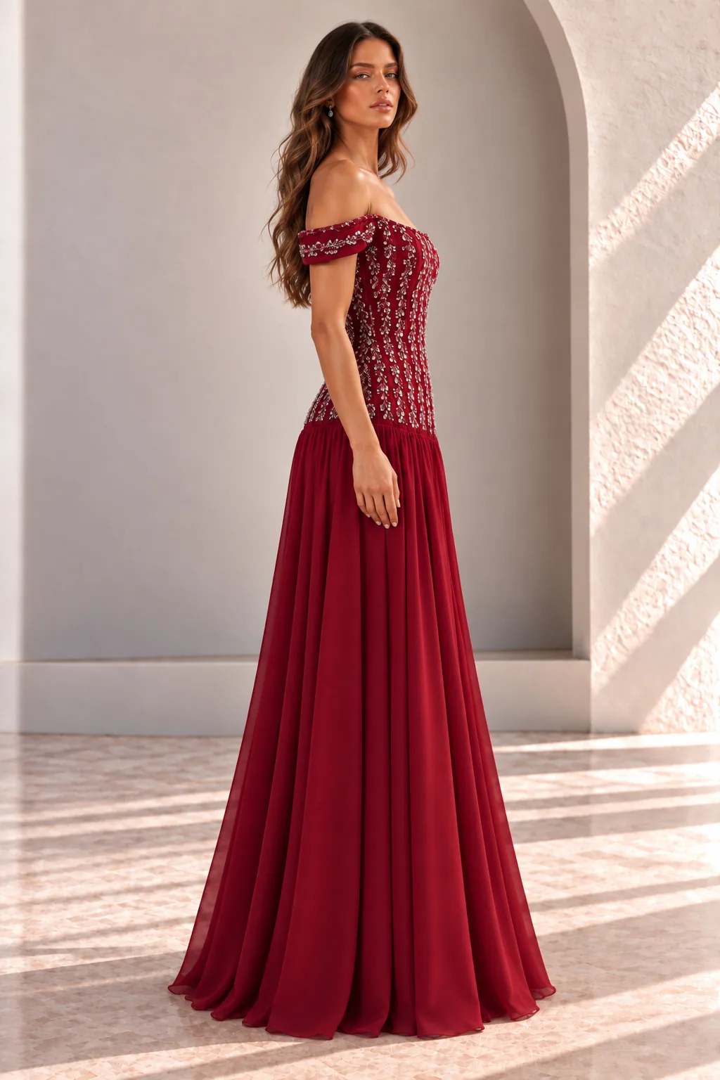Burgundy Red Off Shoulder Evening Gown with Crystal Bodice, side view