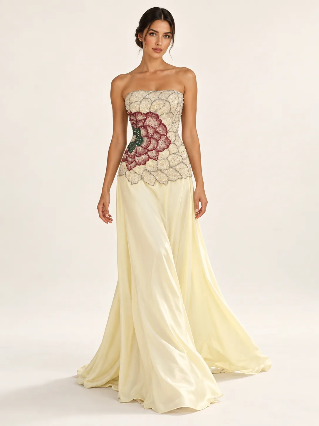 Butter yellow strapless floral embellished gown, full-length front view