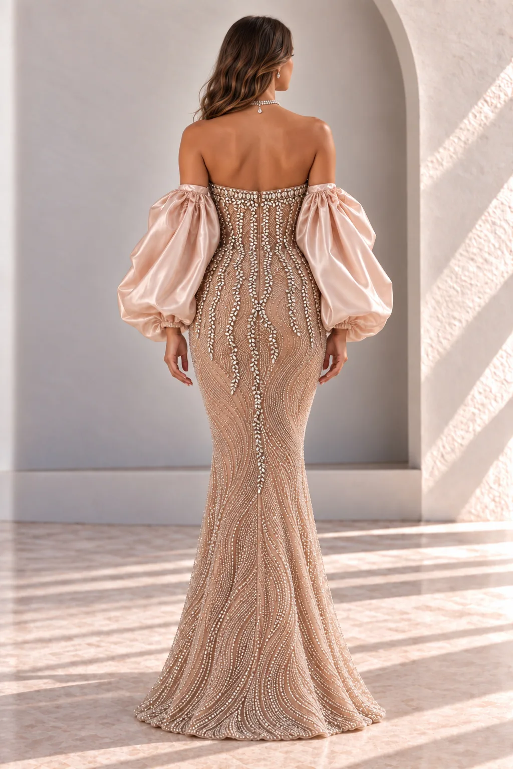 Champagne Beaded Mermaid Gown with Puff Sleeves, back view