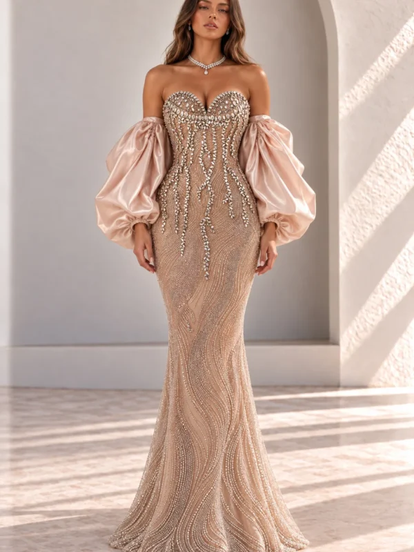 Champagne Beaded Mermaid Gown with Puff Sleeves, front view