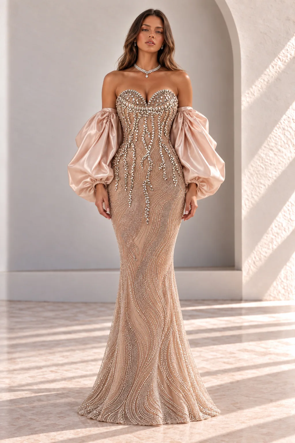 Champagne Beaded Mermaid Gown with Puff Sleeves, front view