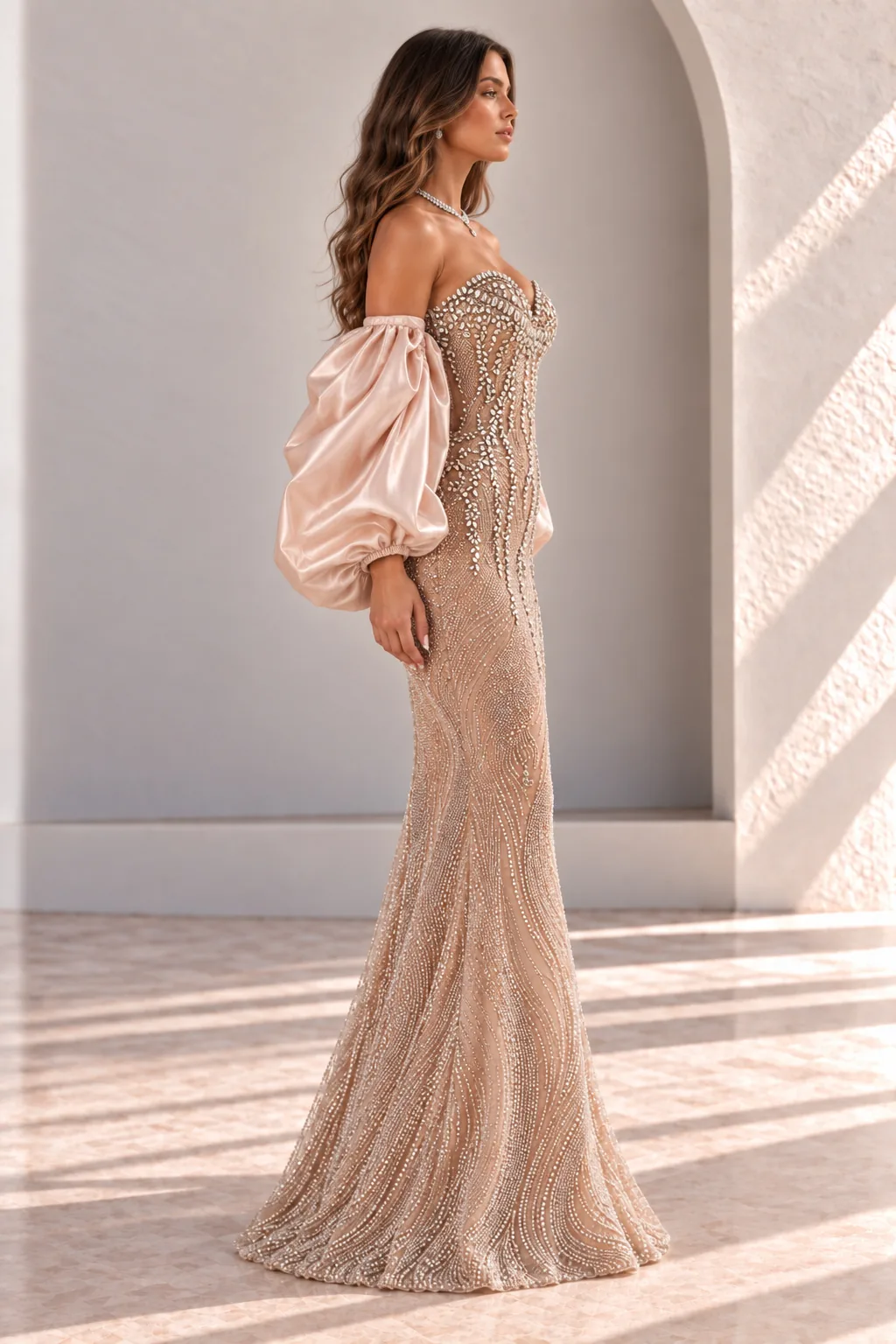 Champagne Beaded Mermaid Gown with Puff Sleeves, side view