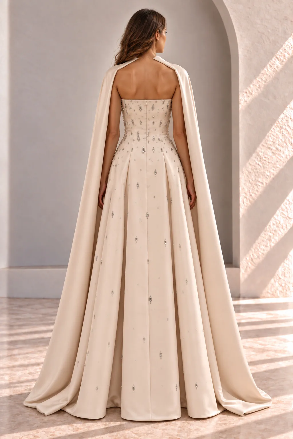 Champagne Evening Gown with Cape and Crystal Detail, back view