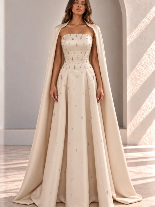 Champagne Evening Gown with Cape and Crystal Detail, front view