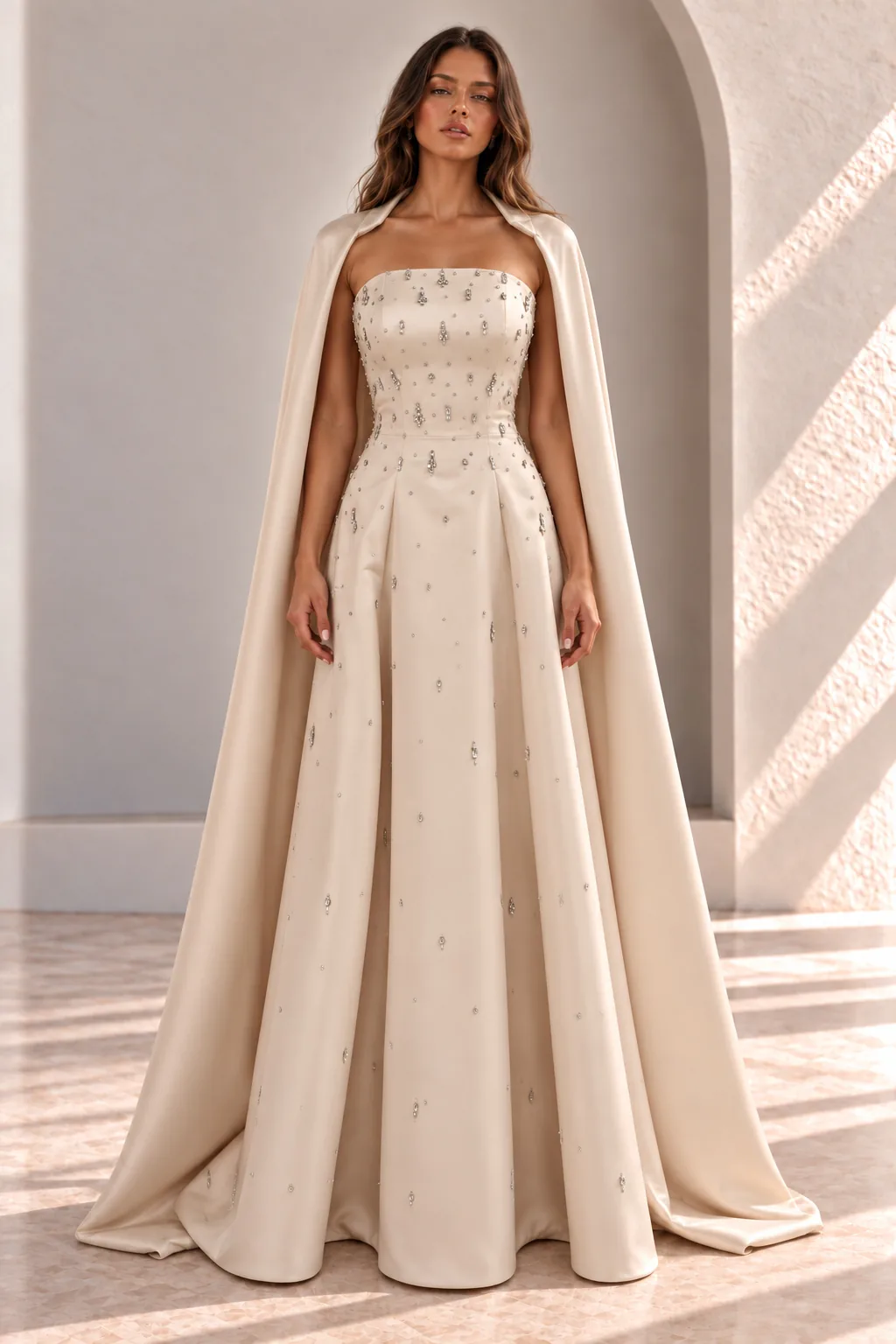 Champagne Evening Gown with Cape and Crystal Detail, front view