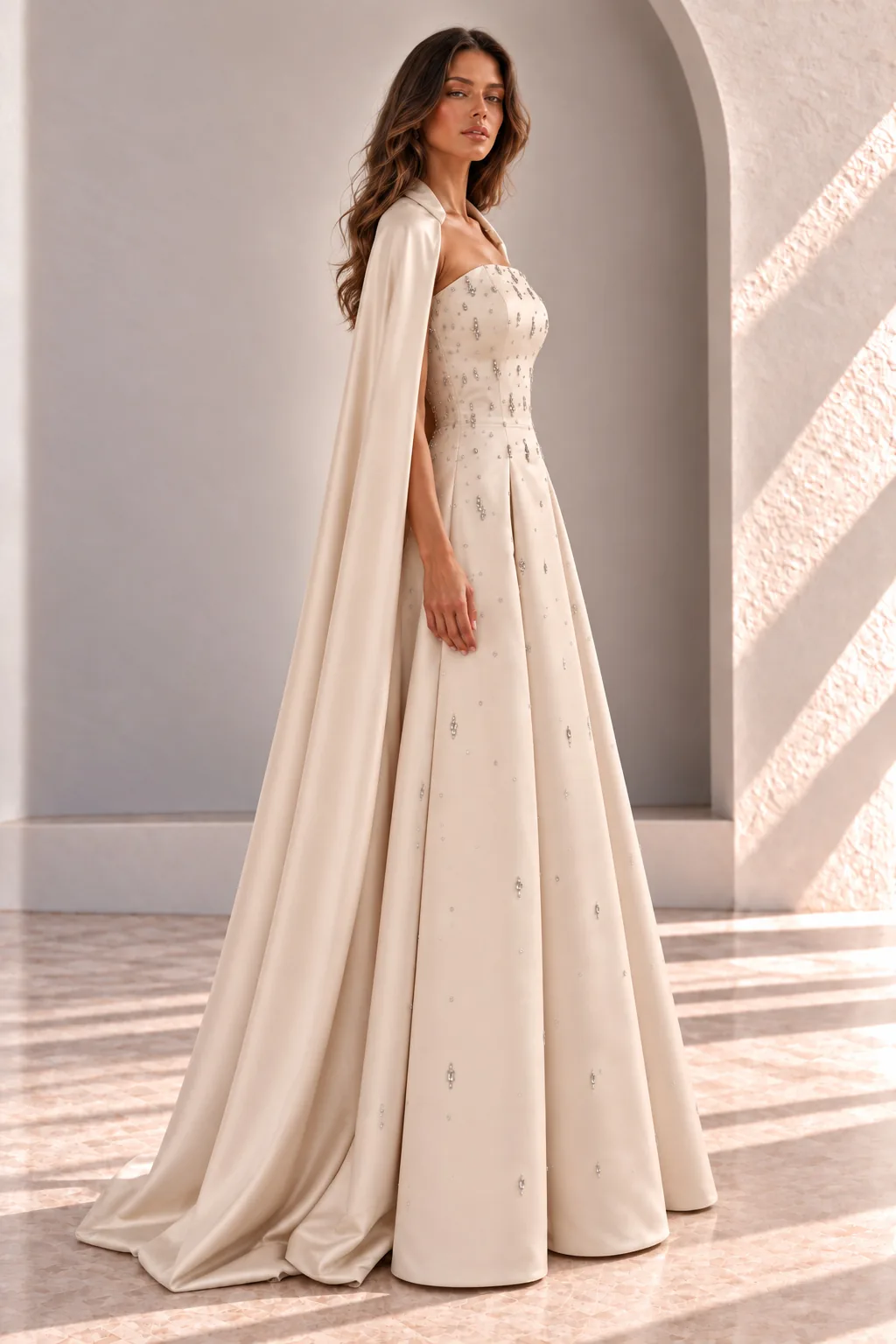 Champagne Evening Gown with Cape and Crystal Detail, side view