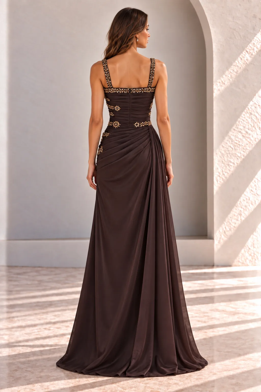 Brown Formal Gown with Draped Bodice and Beaded Straps, back view