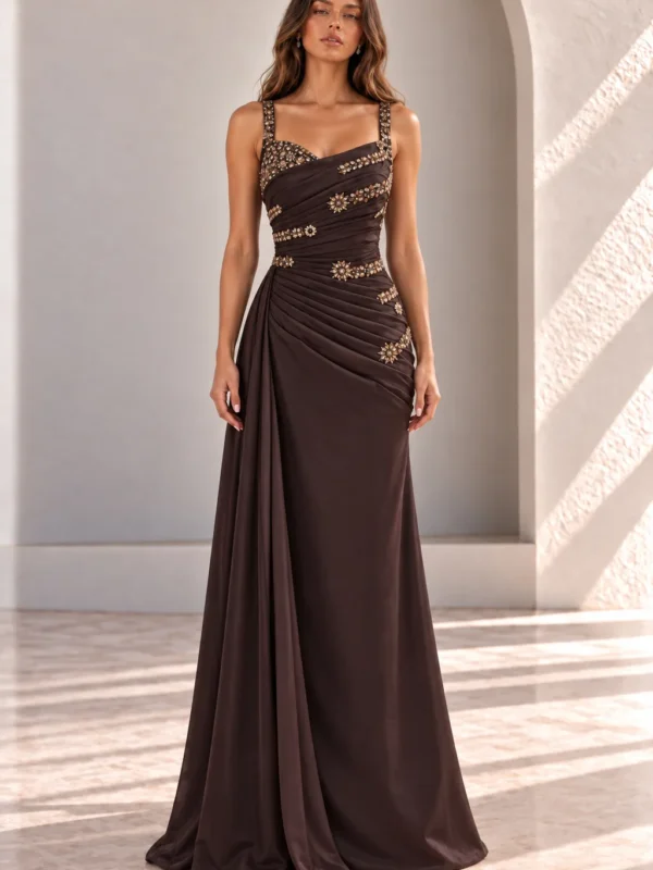 Brown Formal Gown with Draped Bodice and Beaded Straps, front view